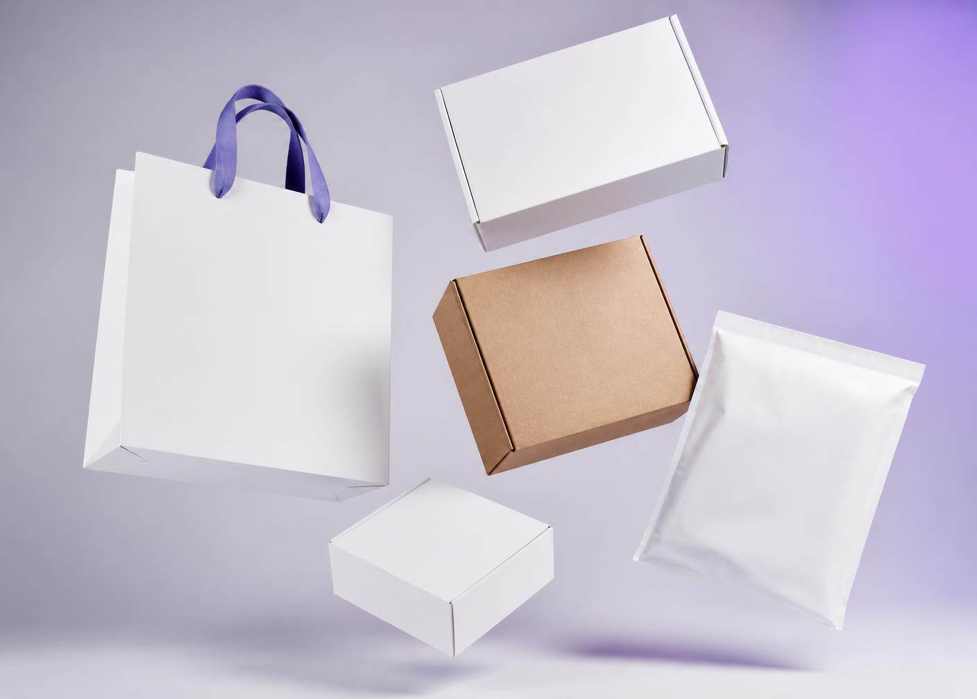 Caixas de papelão, sacolas de papel com alça de tecido e envelopes plásticos personalizados