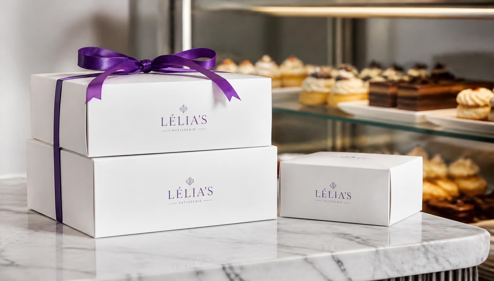 Caixas triplex personalizadas para bolos e doces sobre bancada de mármore