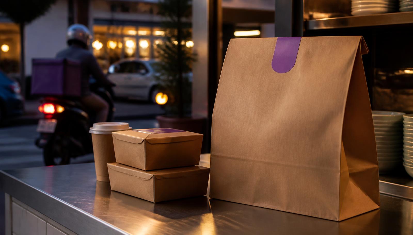 Sacola de papel kraft e potes de delivery em balcão com motoboy ao fundo