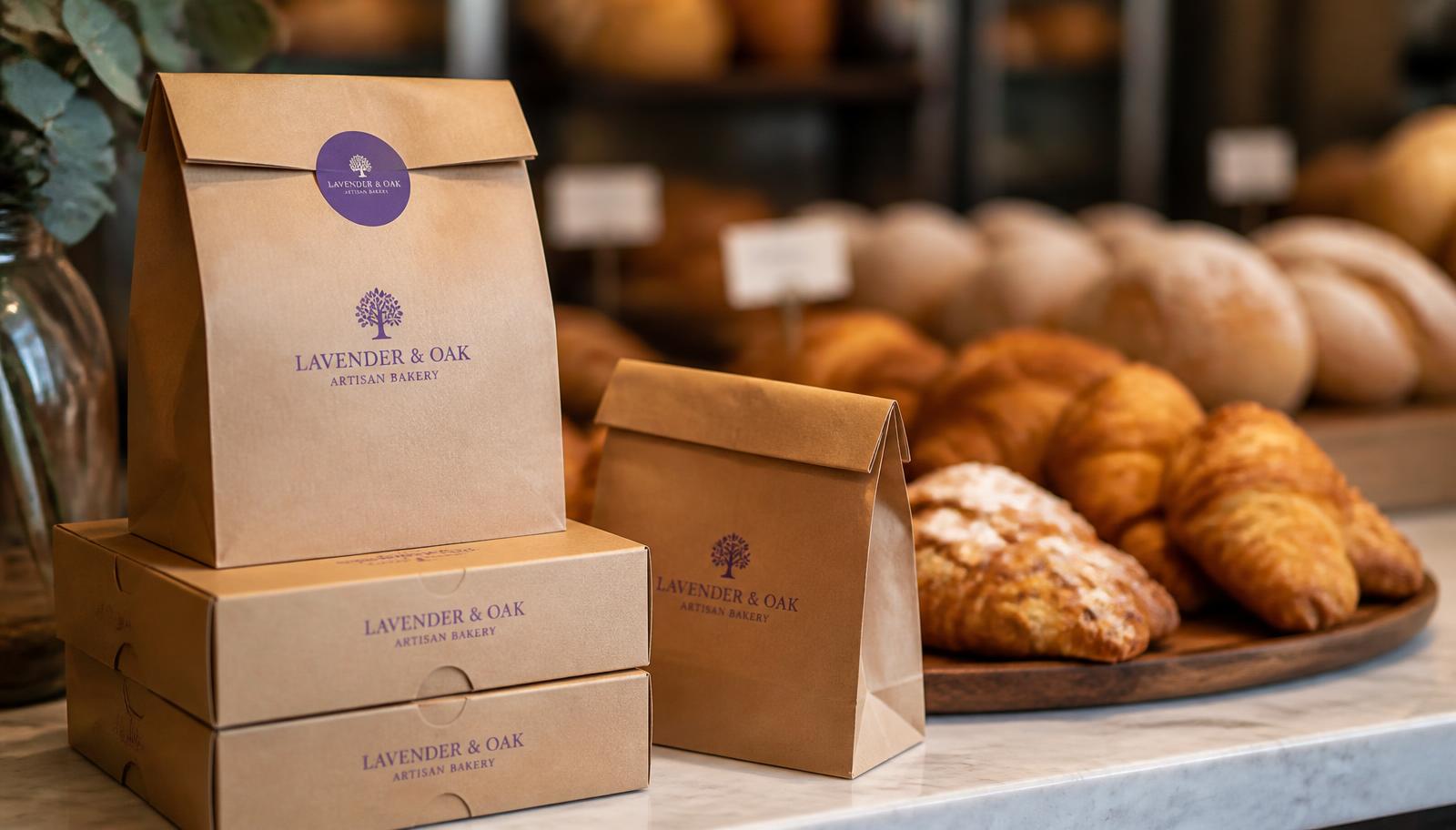 Sacos de papel kraft e caixas personalizadas em balcão de padaria com pães e croissants