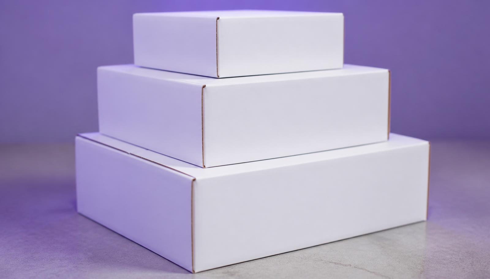 Caixas de papelão triplex branco empilhadas com iluminação roxa